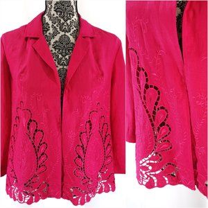CHICO'S Embroidered Paisley Openwork All Linen Jacket 1  Med 8